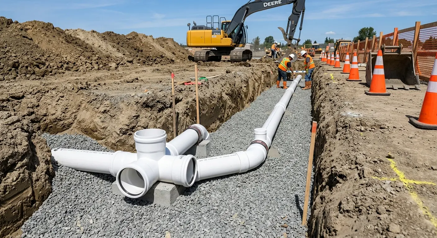 New PVC sewer pipe installation in open trench for Sewer Backup in Florin