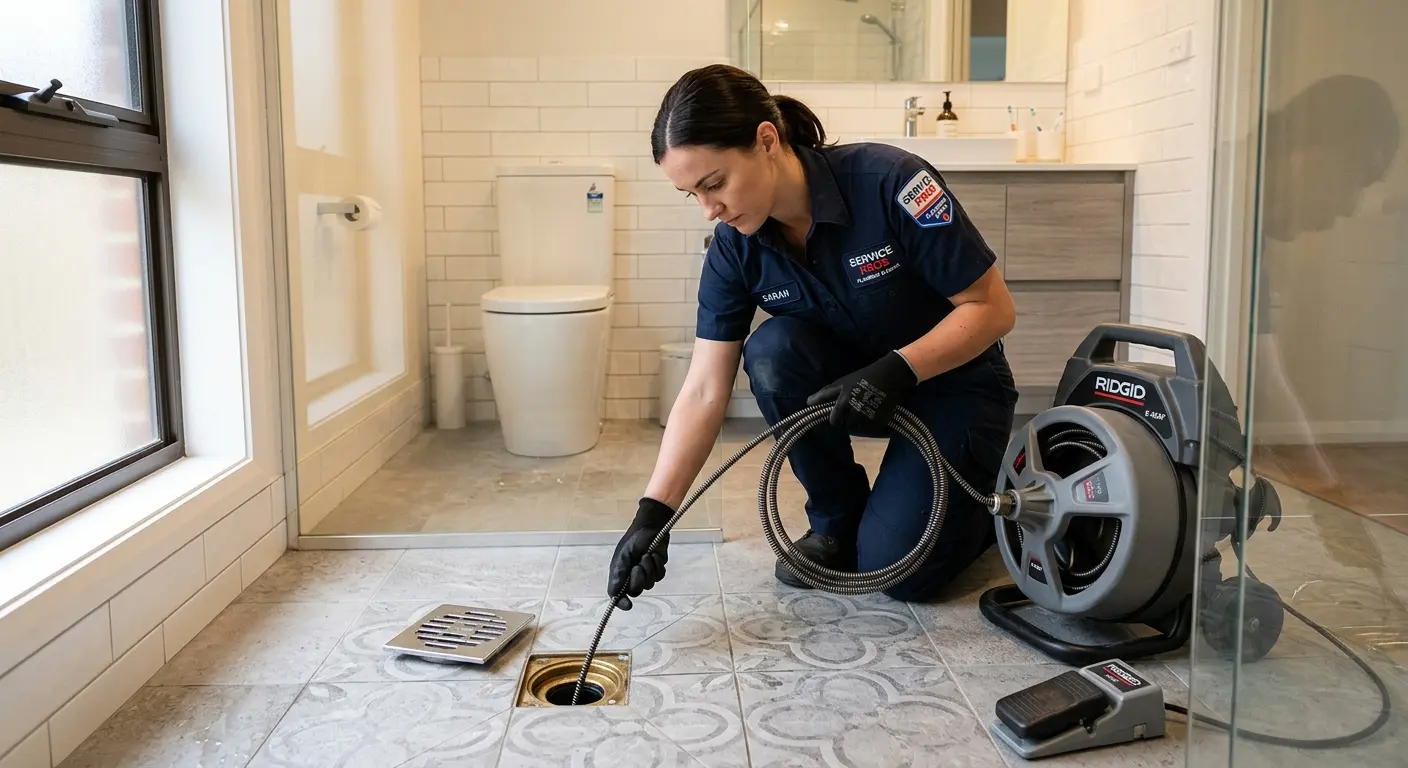 Technician clearing a bathroom floor drain for Drain Cleaning in Florin